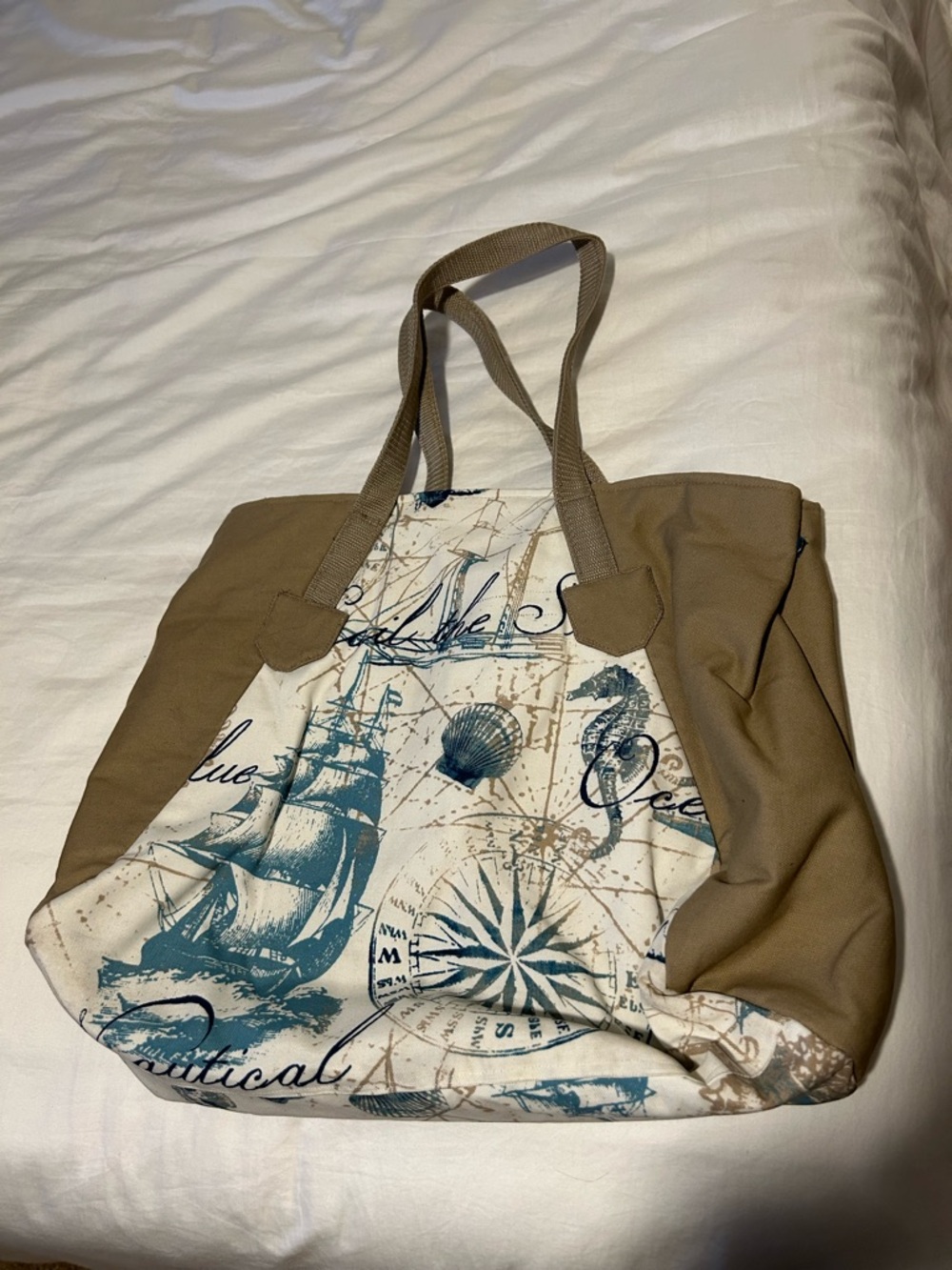 Nautical Canvas Tote Bag in Tan and Teal
